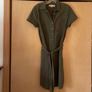 LOFT olive green cargo button up shirt dress